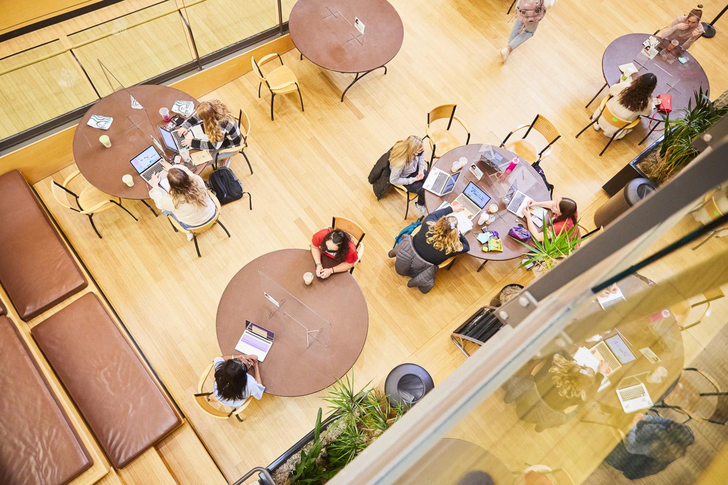 A look down at the bustling Starbucks cafe inside the Clausen Center.